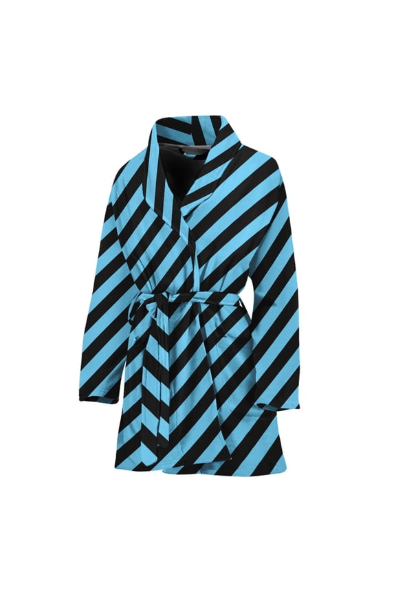 Blue And Black Stripes Pattern Women Bathrobe One Size Univeral Fits Fashion Lightweight Plush Fleece Long Robe For Women