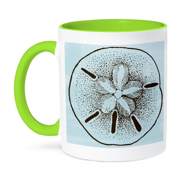 3dRose, Blue and Brown Sand Dollar- Shells- Beach Theme Art, 11oz Two-Tone Green Mug