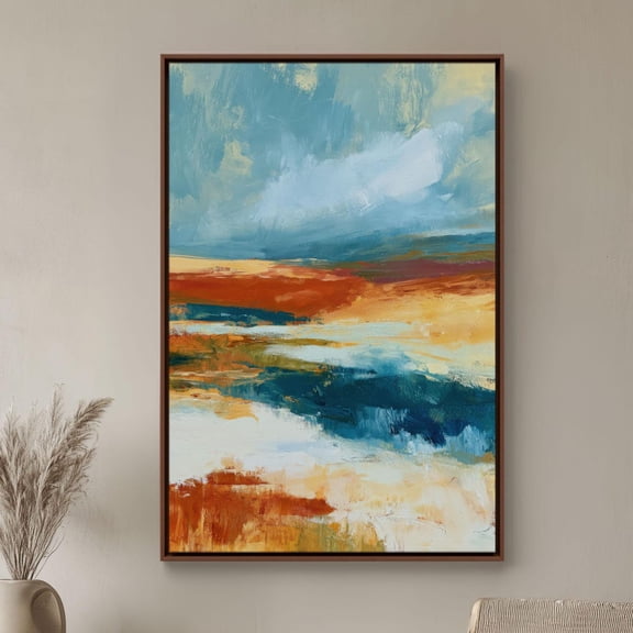 Blue And Burnt Orange Abstract Landscape Art, Unframed Paper Print