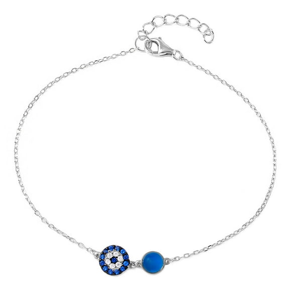 Blue And Clear Cubic Zirconia Evil Eye Chain Bracelet Rhodium Plated Sterling Silver