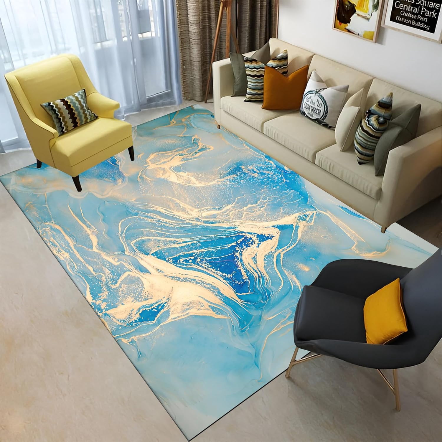 Decorative Rubber Back Rug Blue And Gold Marble Area Rug,Abstract Marble Washable Rug, Non-Slip ...