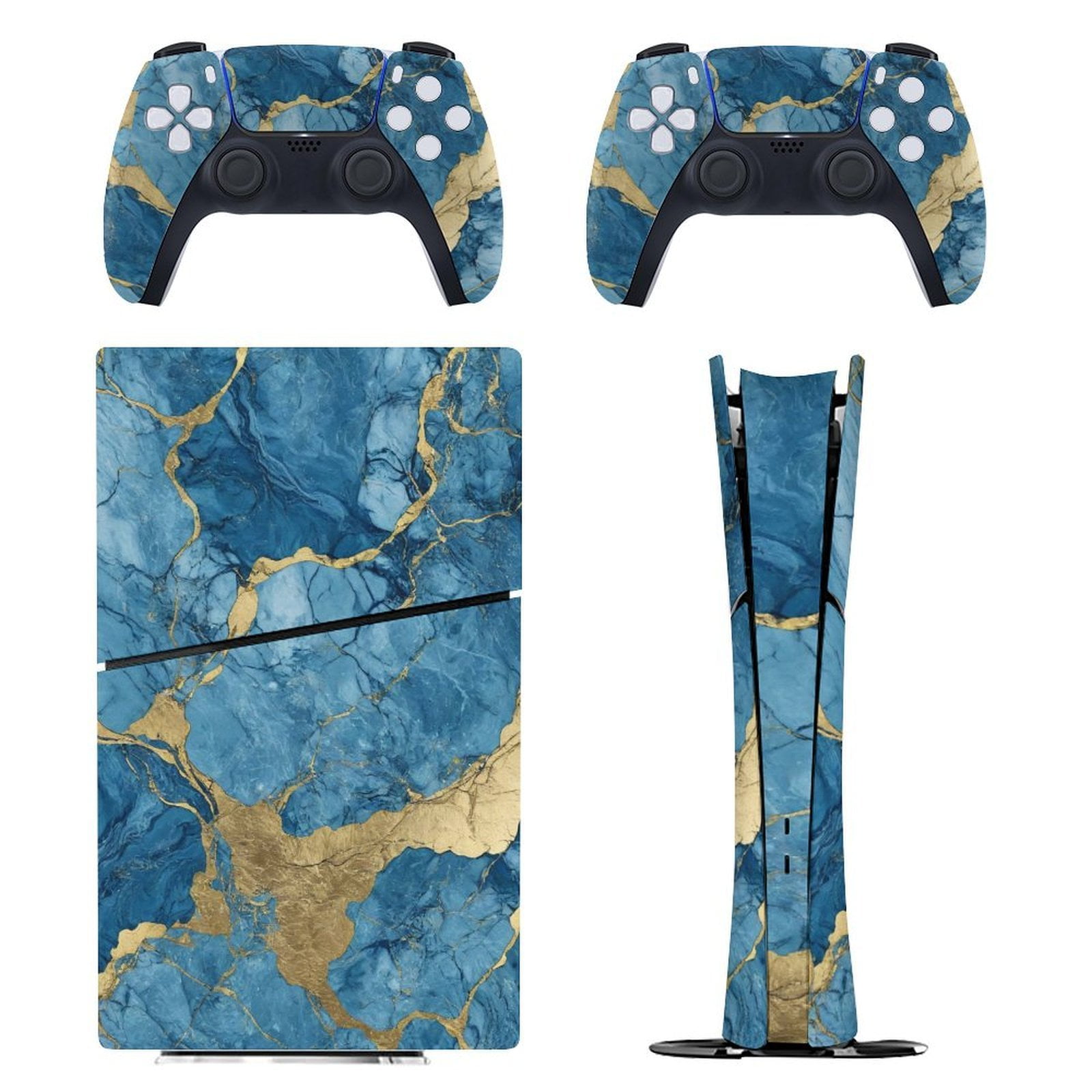 Blue And Gold Marble Texture Console Skin Bundle for PS5 Pro Slim Disc ...
