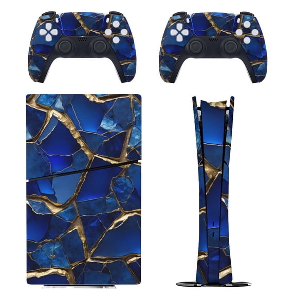 Blue And Gold Mosaic Tile Console Skin Bundle for PS5 Pro Slim Disc & Digital / PS4 – Full Wrap + Dual Controller Flair