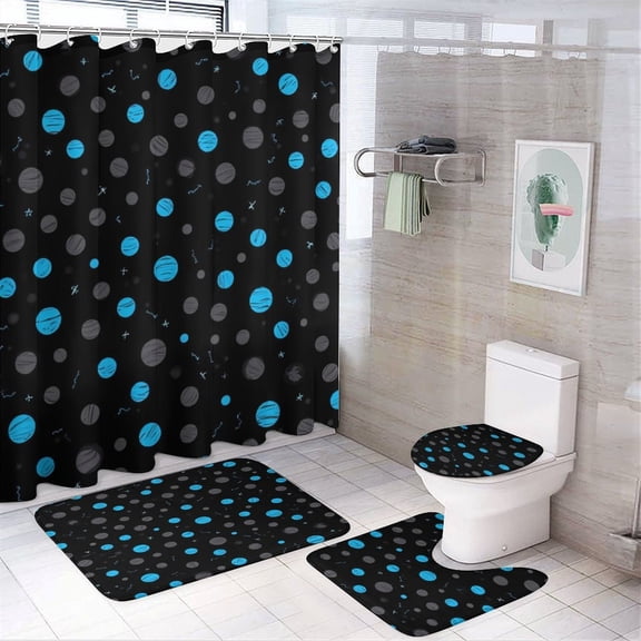 Blue And Gray Polka Dot Pattern Shower Curtain Set Modern Bathroom Decor Mats 4pcs Fabric Bathroom Curtain Slip Floor Rug Toilet Lid