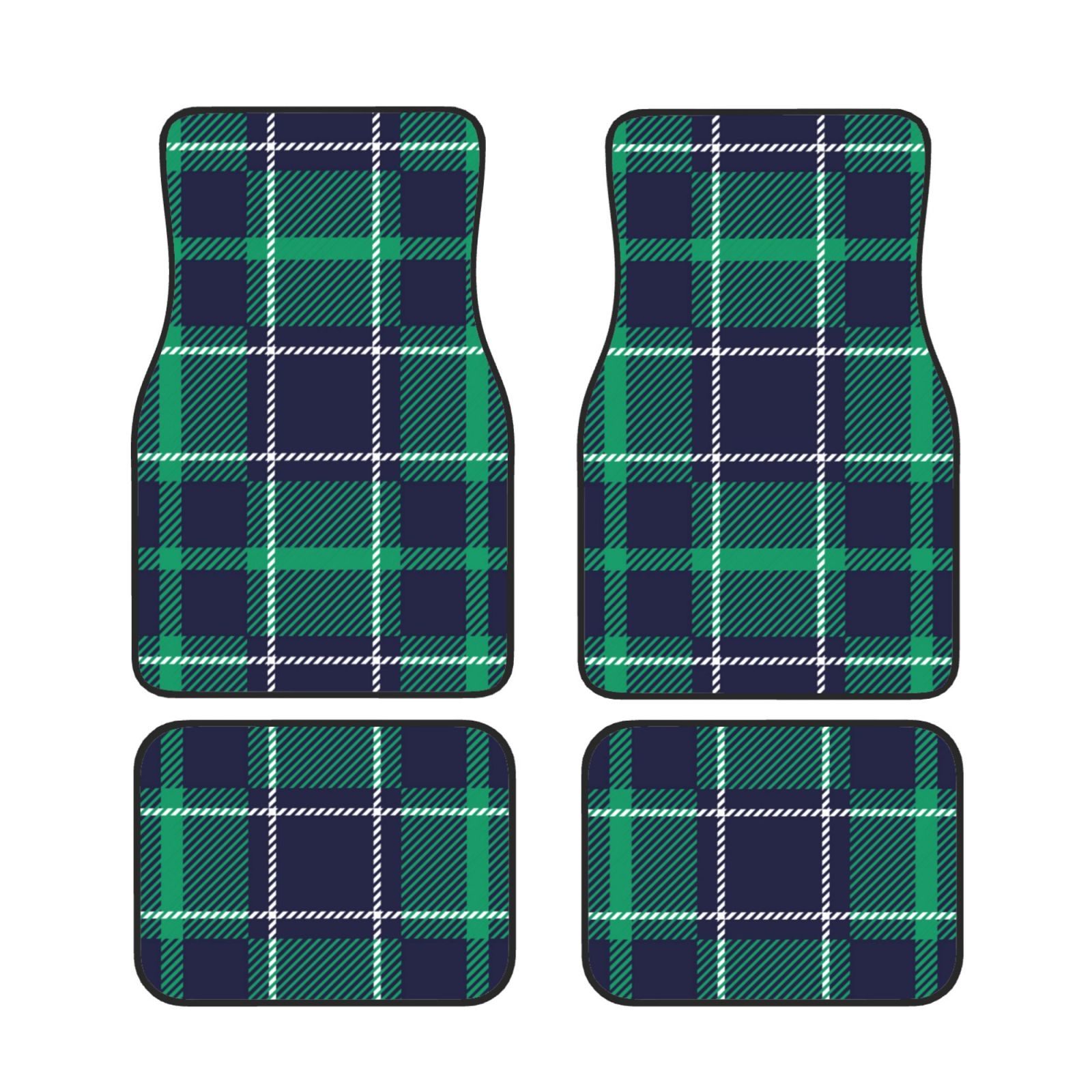 Blue And Green Plaid Car Front And Rear Floor Mats, Anti Slip Car Mats
