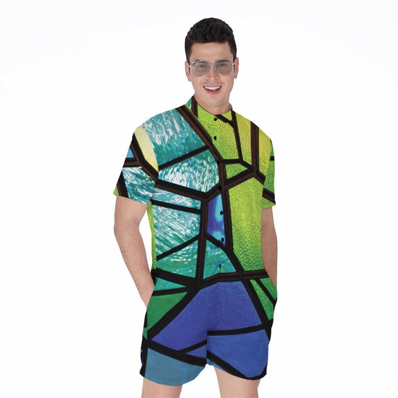 Blue And Green Stained Glass Short Sleeve Men'S Rompers Casual Summer Jumpsuits Outfit