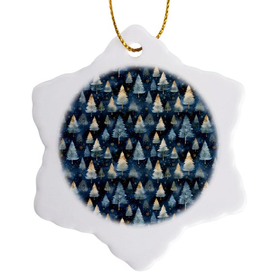 3drose, Blue and Image of Gold Image of Watercolor Pine Tree Pattern, 3 inch Snowflake Porcelain Ornament