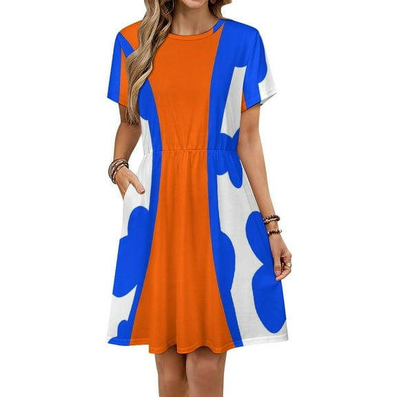 Blue And Orange Dress Fashion Beach Short Sleeve Dresses Female Party Printed Sundress