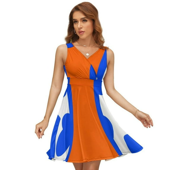 Blue And Orange Dress Summer Street Style Dresses Female Sleeveless Printed Sundress