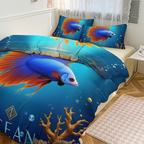 Blue And Orange Fish in Ocean Scene Bedding Set Couple Bedclothes Pillowcase Customized Home Textiles Bed Set for Bedroom Decoration