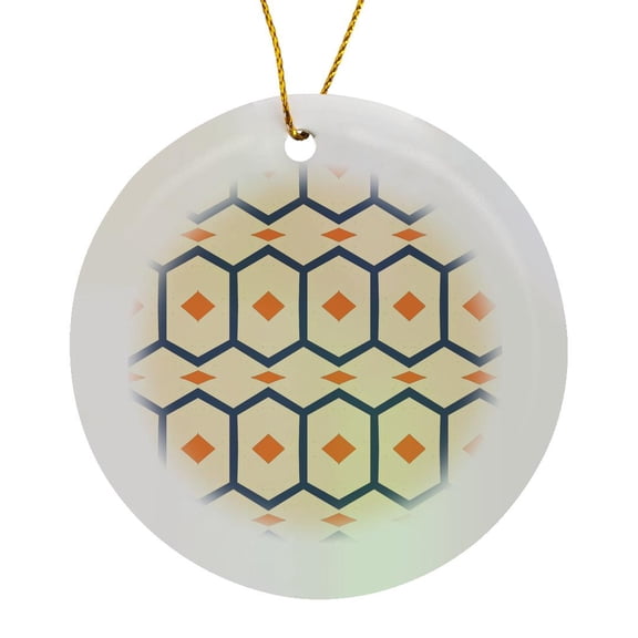 3drose, Blue and Orange Geometric Pattern with Diamond Shapes, Circle Porcelain Ornament