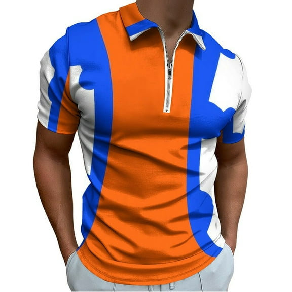Blue And Orange Men Zipper T-shirt Summer Casual Short Sleeve T-shirt Top