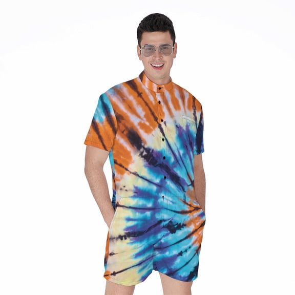 Blue And Orange Tie Dye Short Sleeve Men'S Rompers, Tie Dye Pattern Casual Summer Jumpsuits Outfit