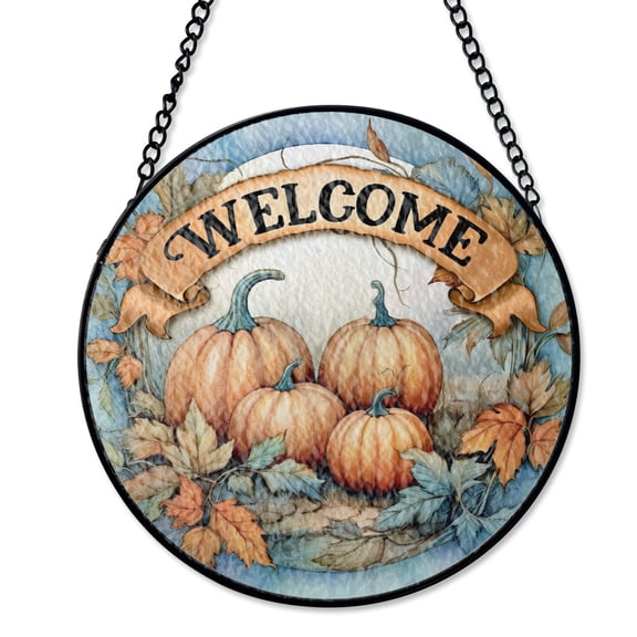 Blue And Orange Welcome Pumpkin Suncatcher, Stained Glass Style UV Printed Glass, Colorful Fall Harvest Decor, Round
