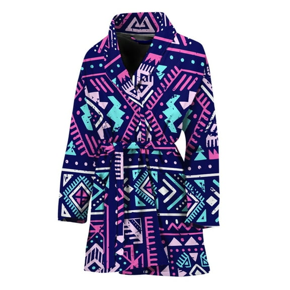 Blue And Pink Aztec Pattern Women Bathrobe One Size Univeral Fits Fashion Lightweight Plush Fleece Long Robe For Women