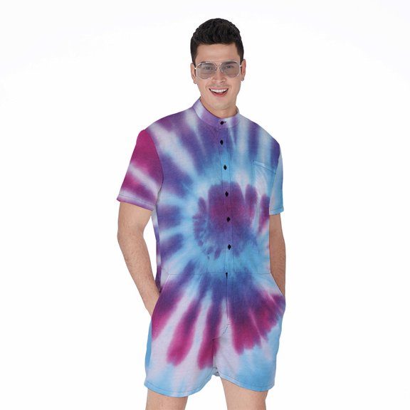 Blue And Purple Spiral Tie Dye Short Sleeve Men'S Rompers, Tie Dye Pattern Casual Summer Jumpsuits Outfit