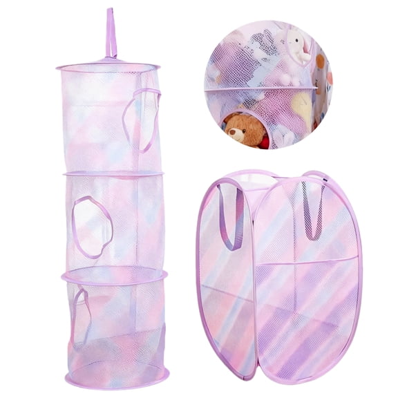 Blue And Purple Three Tiers Stuffed Animals Storage Net Hammock Organizer Two-piece set