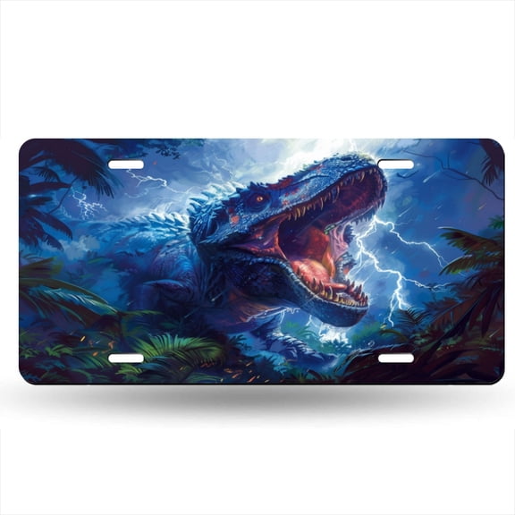 Blue And Red Colored Dinosaur Roaring In The Jungle Decorative Signboard, Decorative Metal Plate with 4 Holes, 6x12inch Artistic Plate Frame