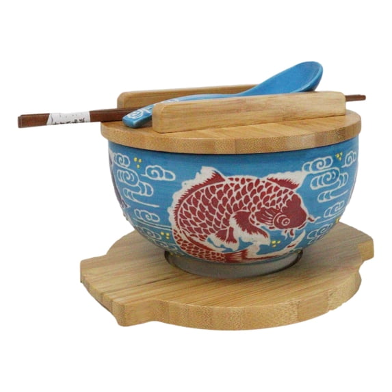 Blue And Red Koi Fishes Donburi Ramen Bowl With Lid Trivet Spoon Chopsticks Set
