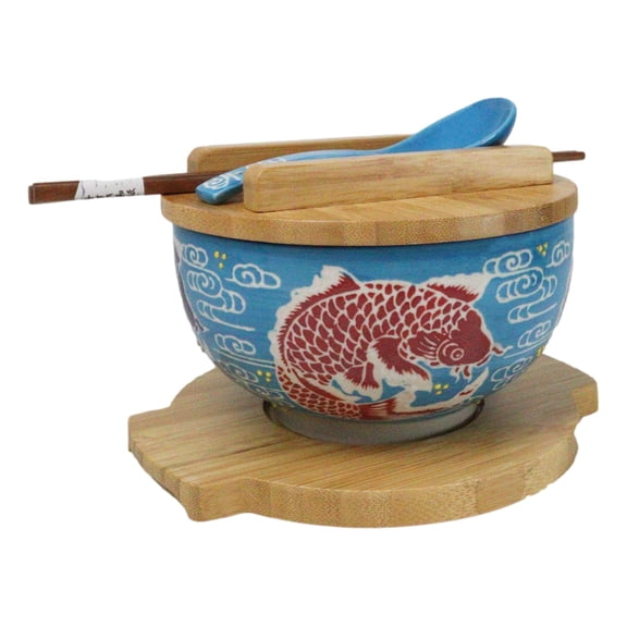 Blue And Red Koi Fishes Donburi Ramen Bowl With Lid Trivet Spoon Chopsticks Set