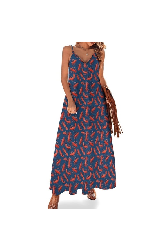 Blue And Red Lobster Pattern Sleeveless Dress Women's Evening Dress Womans Clothing