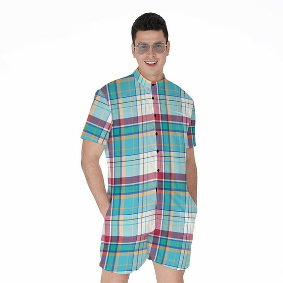 Blue And Red Madras Pattern Short Sleeve Men'S Rompers Casual Summer Jumpsuits Outfit