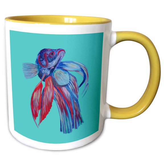 3drose, Blue and Red Siamese Fighting Fish Betta Splendens, 11oz Two-tone Yellow Mug