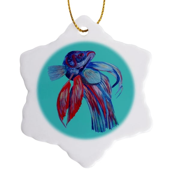 3drose, Blue and Red Siamese Fighting Fish Betta Splendens, 3 inch Snowflake Porcelain Ornament