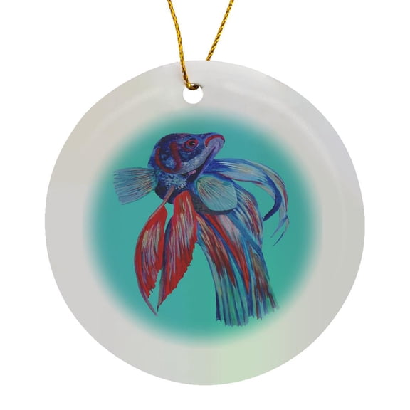 3drose, Blue and Red Siamese Fighting Fish Betta Splendens, Circle Porcelain Ornament