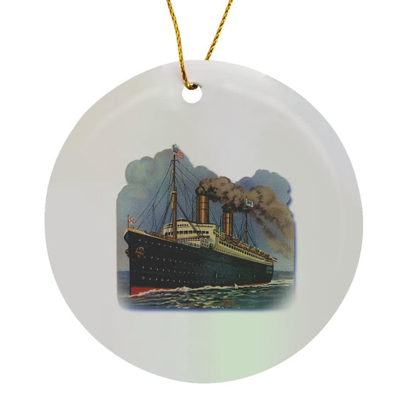 3drose, Blue and Red Steam Ship with an American Flag Crossing the Ocean, Circle Porcelain Ornament