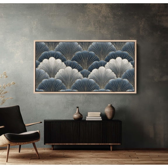 Blue And Silver Deco Fan Pattern Elegant Geometric Wall Art Unframed Paper Print