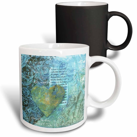 3drose, Blue and Teal Collage Artwork with Heart and Typography Elements, 11oz Magic Transforming Mug
