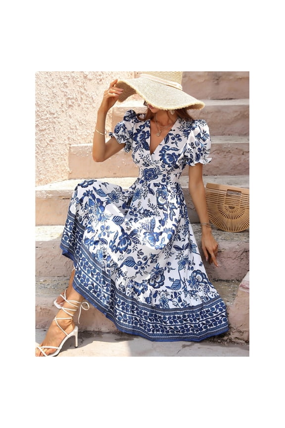 Blue And White Allover Floral Print Puff Sleeve Surplice Neck Maxi Dress For Women