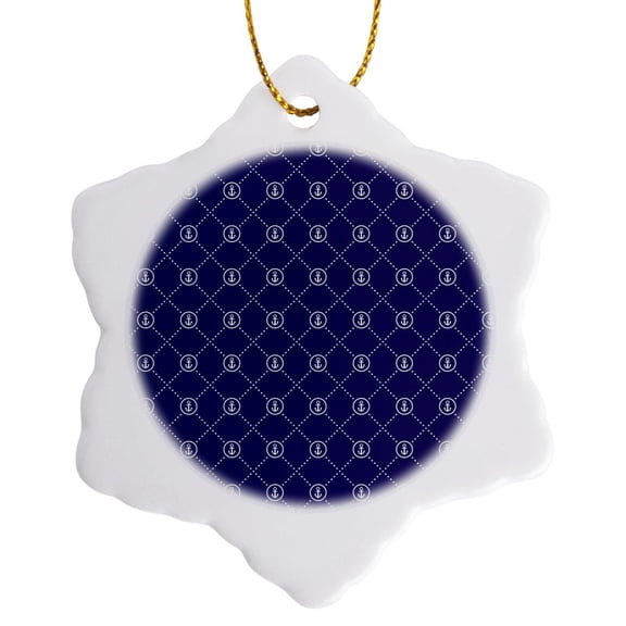3drose, Blue and White Anchors in Circles Nautical Pattern, 3 inch Snowflake Porcelain Ornament
