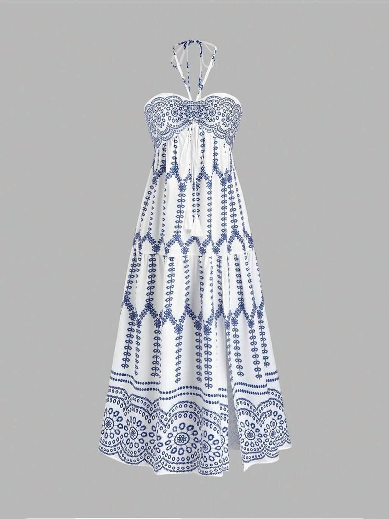 Blue And White Boho Halter Neck Maxi Dress With Embroidered Pattern For Women