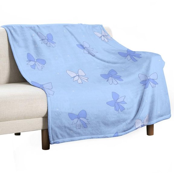Blue And White Bow Pattern Throw Blanket Warm Microfiber Flannel Bedroom Decor Blankets For Beds