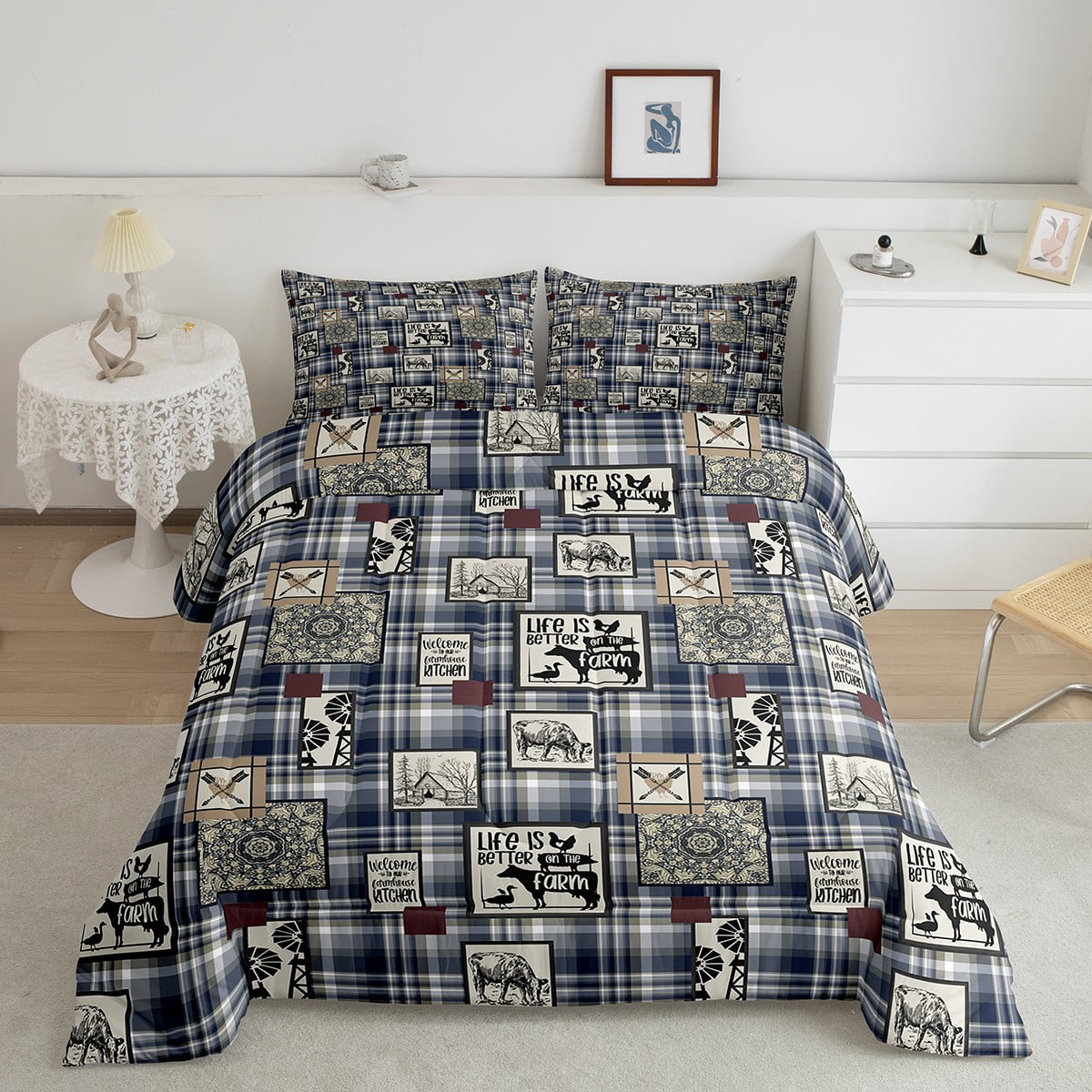 Blue And White Buffalo Grid Comforter Set Queen Farm Animals Bedding