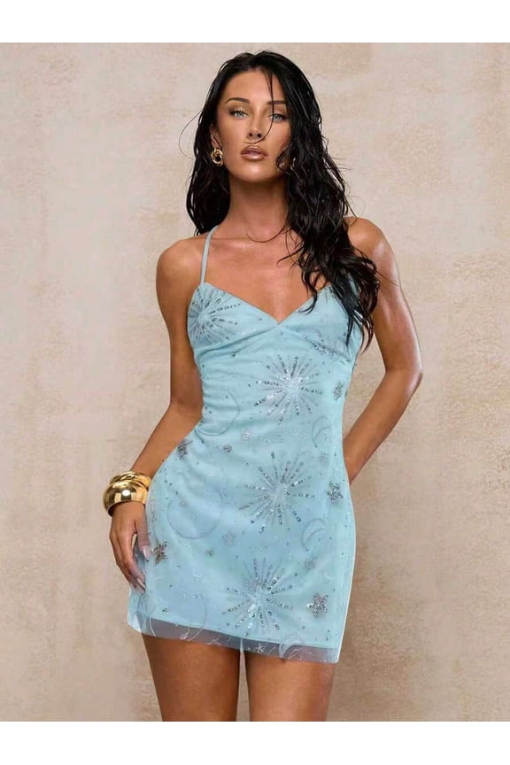 Blue And White Celestial Sequin Mini Dress With Spaghetti Straps V-Neck Sheer Mesh Bodycon