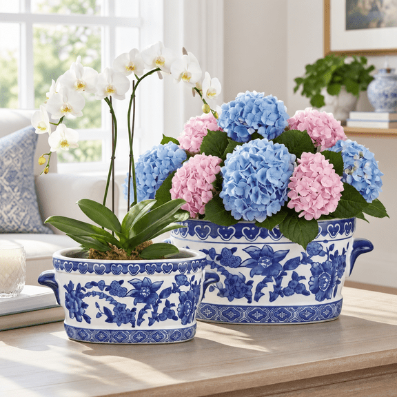 Blue And White Ceramic Planter Pot, 7.4" & 10.6" Sizes, Indoor Decorative Cachepot Vase