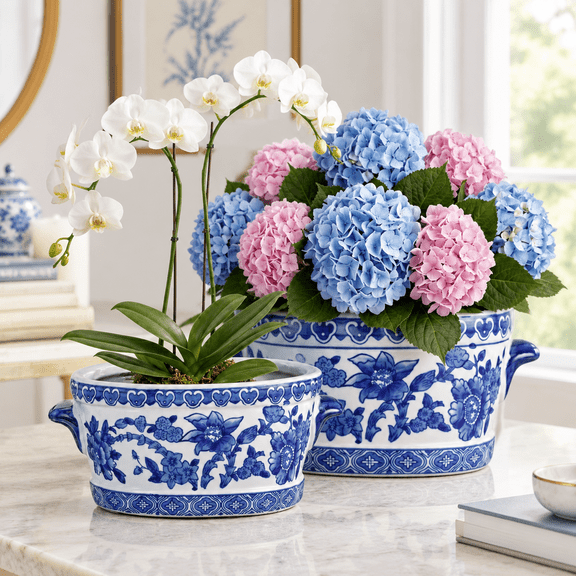 Blue And White Ceramic Planter Pot, 7.4" & 10.6" Sizes, Indoor Decorative Flower Vessel