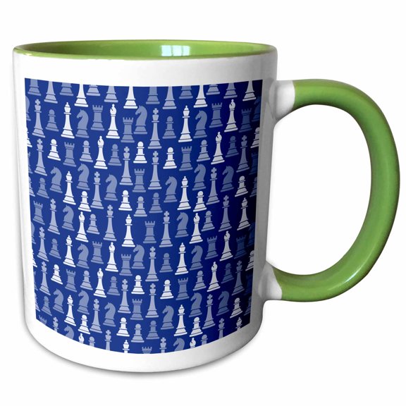 3drose, Blue and White Chess Pieces Pattern, 11oz Two-tone Green Mug