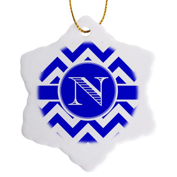 Blue And White Chevron Monogram White Initial N, 3 inch Snowflake Porcelain Ornament