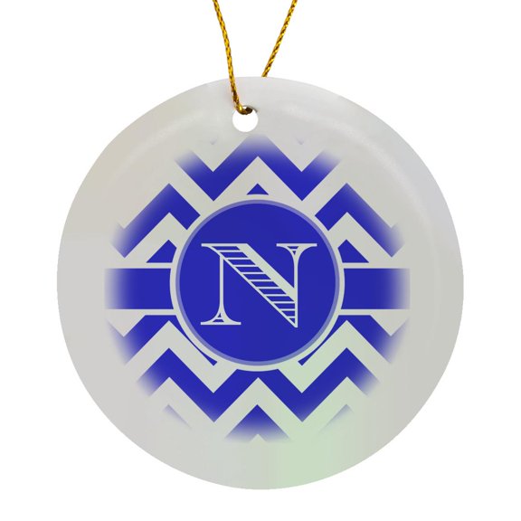 Blue And White Chevron Monogram White Initial N, Circle Porcelain Ornament