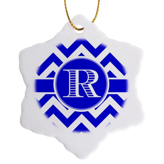 3drose, Blue and White Chevron Monogram White Initial R, 3 inch Snowflake Porcelain Ornament