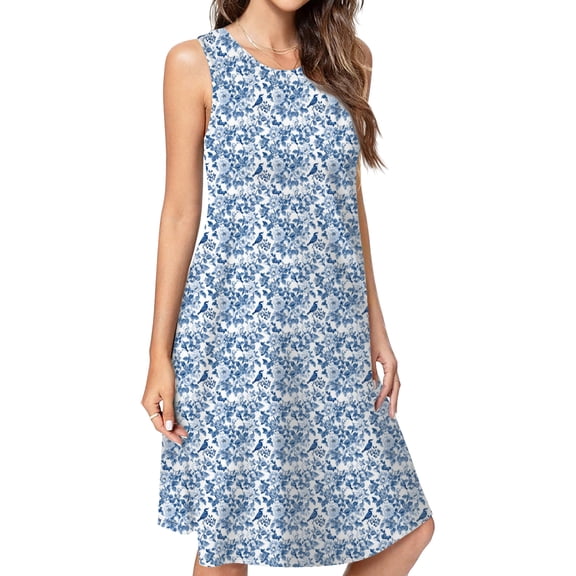 Blue And White Chinoiserie Flower Bird Casual Sleeveless Loose Sundress Dress For Women Summer Dress Daily Woman