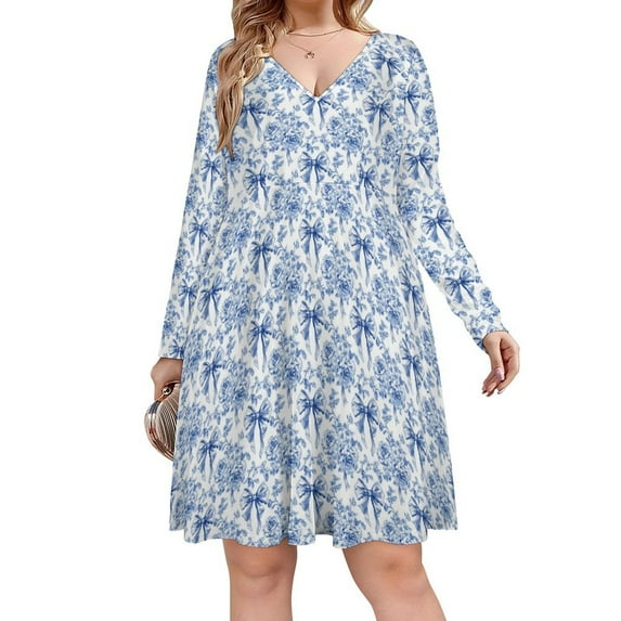 Blue And White Chinoiserie Flower Bow Long Sleeve Dresses For Women Vintage Elegant Party Dress Oversized V-neck Dress S-8XL