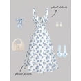 thumbnail image 1 of Blue And White Ditsy Floral Tie Front Ruched Bust Midi Cami Dress For Women, 1 of 5