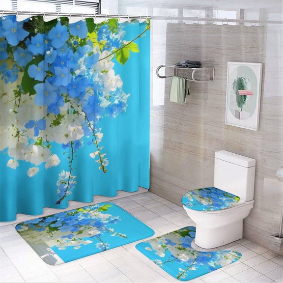 Blue And White Floral Arrangement Shower Curtain Set Modern Bathroom Decor Mats 4pcs Fabric Bathroom Curtain Slip Floor Rug Toilet Lid