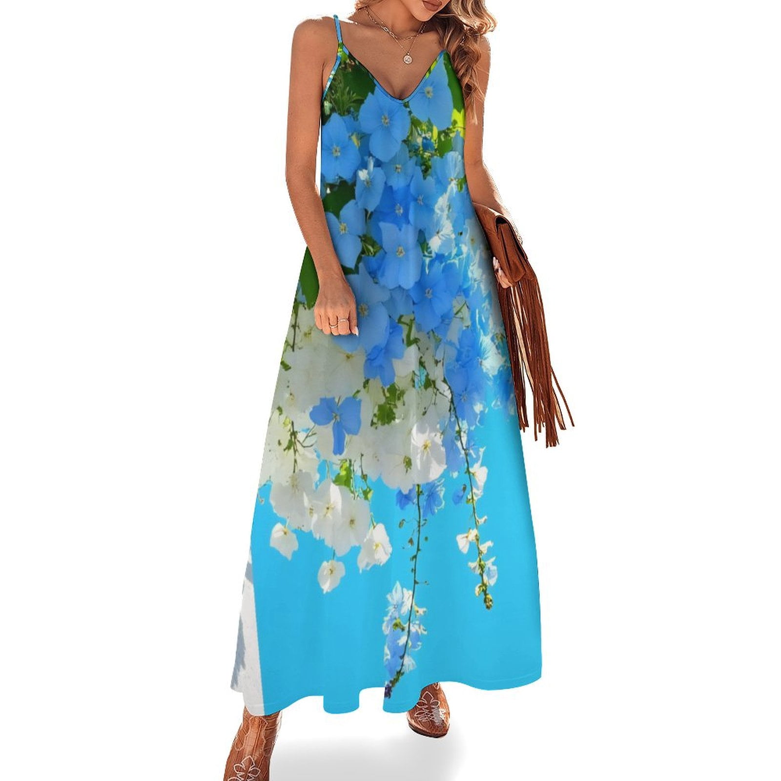 Blue And White Floral Arrangement Sleeveless Dress Women's Luxury Party — free download