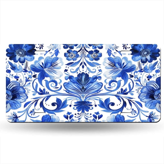 Blue And White Floral Pattern In The Style Of Russian Decorative Signboard, Decorative Metal Plate with 4 Holes, 6x12inch Artistic Plate Frame